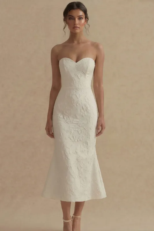 Sweetheart White Sheath Embroidered Midi Rehersal Dinner Dress made by Zapaka