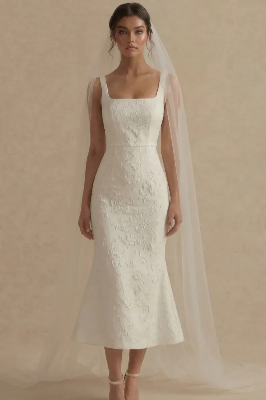 Square Neck Sheath Embroidered White Midi Wedding Dress made by Zapaka