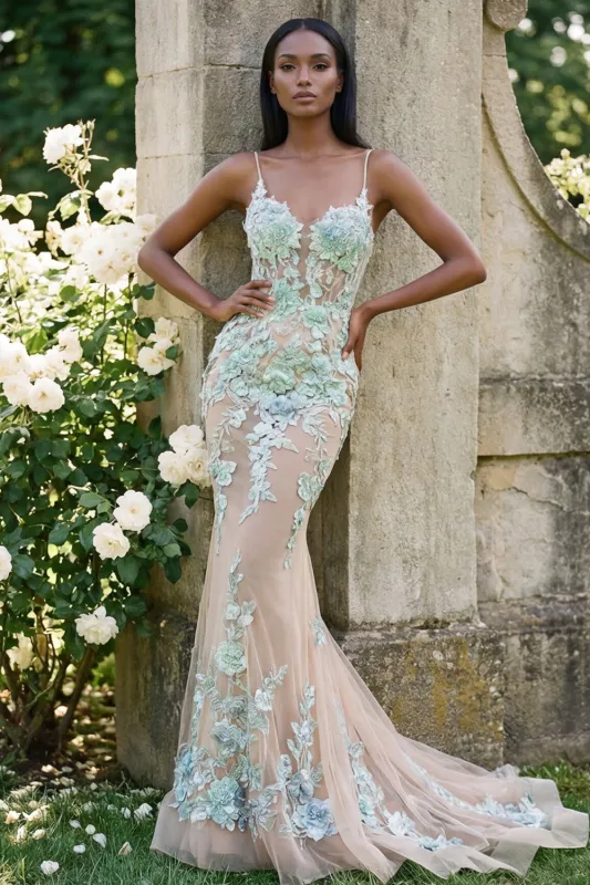 Champagne Tulle Mermaid Floral Appliqued Lace-Up Back Long Prom Dress made by Zapaka