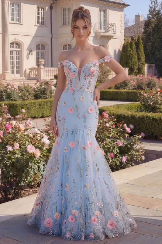Tulle Blue Off the Shoulder Trumpet Floral Corset Appliqued Long Prom Dress with 3D Flowers made by Zapaka