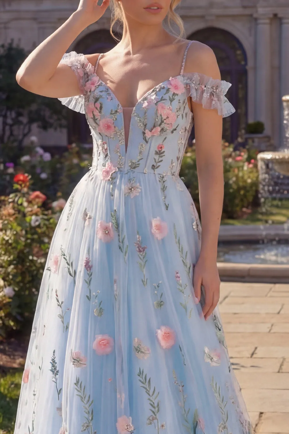 Tulle A-Line Blue Cold Shoulder Floral Corset Appliqued Long Prom Dress with 3D Flowers sold by Zapaka product image thumbnail 3