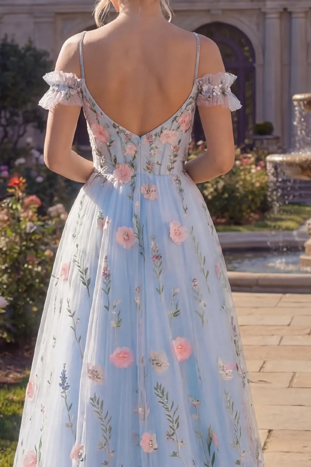 Tulle A-Line Blue Cold Shoulder Floral Corset Appliqued Long Prom Dress with 3D Flowers sold by Zapaka product image thumbnail 4