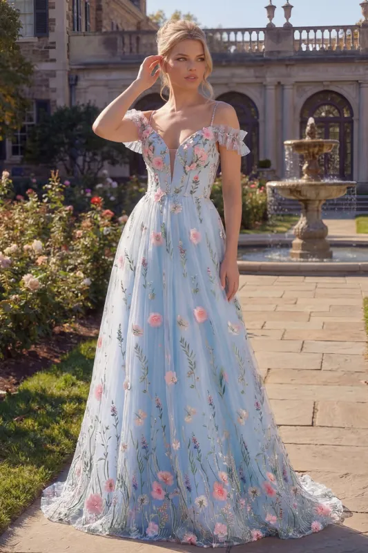 Tulle A-Line Blue Cold Shoulder Floral Corset Appliqued Long Prom Dress with 3D Flowers sold by Zapaka