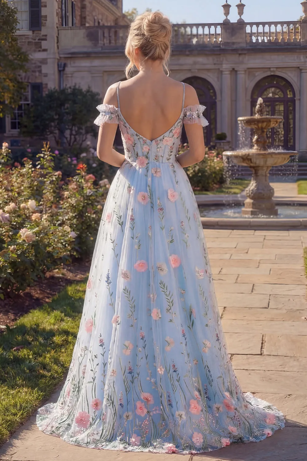Tulle A-Line Blue Cold Shoulder Floral Corset Appliqued Long Prom Dress with 3D Flowers sold by Zapaka product image thumbnail 2