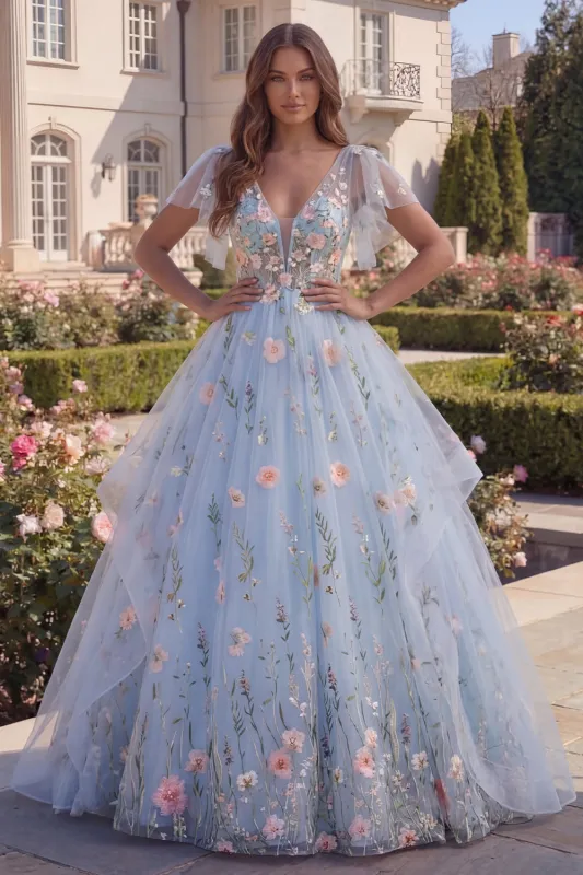Tulle Blue A-Line Floral V-Neck Ruffled Long Prom Dress with Flutter Sleeves made by Zapaka