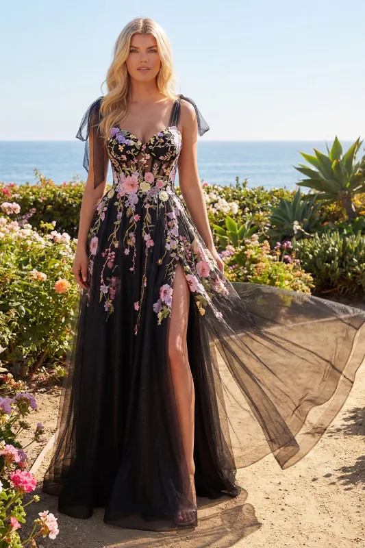 Tulle Black Pink Flower Sweetheart A-Line Embroidered Long Prom Dress with Slit sold by Zapaka