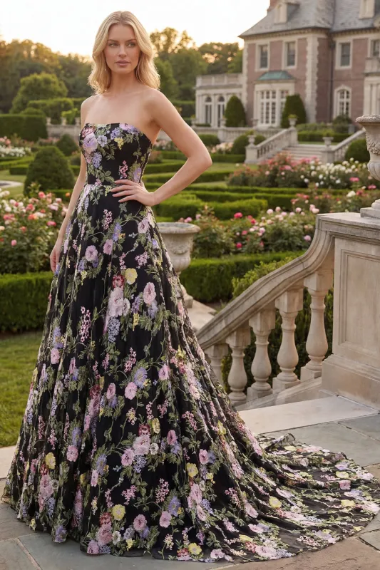 Black Pink Flower A-Line Strapless Floral Embroidered Sweep Train Prom Dress sold by Zapaka