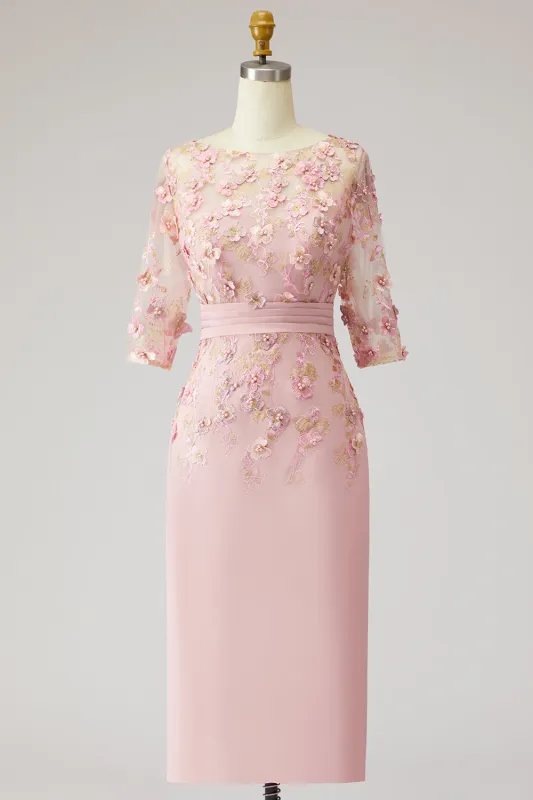 Dusty Rose Bodycon Floral Illusion Neck Appliqued Midi Mother Of the Bride Dress sold by Zapaka