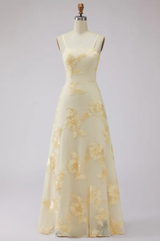 Yellow A-Line Spaghetti Straps Embroidered Long Floral Dress with Lace Up Back made by Zapaka