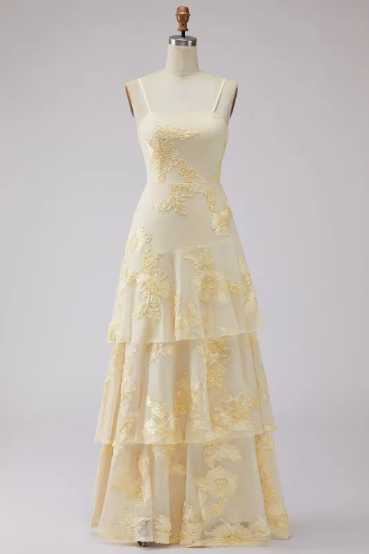 Yellow Ruffled A-Line Spaghetti Straps Long Floral Dress with Embroidery made by Zapaka