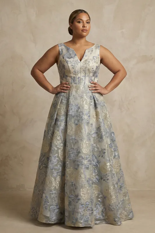Dusty Blue A Line Jacquard V Neck Long Plus Size Mother Of The Bride Dress made by Zapaka