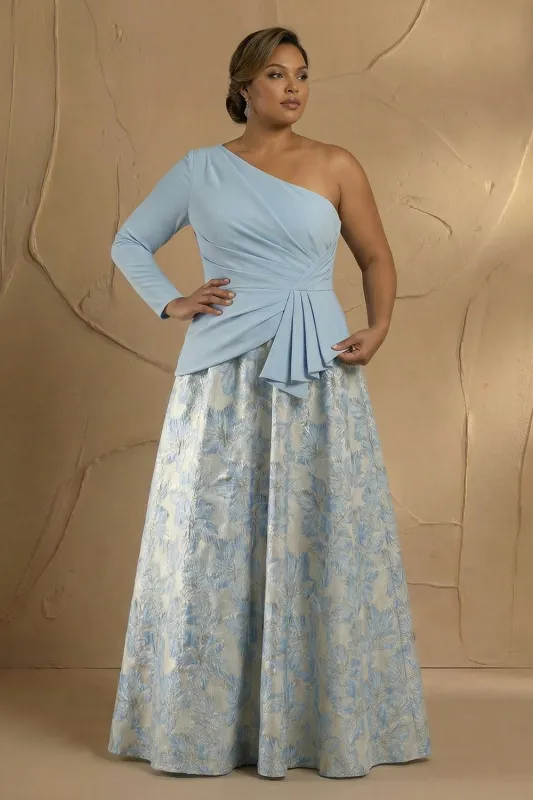 Light Blue One Shoulder Ruched A Line Jacquard Long Plus Size Mother Of The Bride Dress made by Zapaka