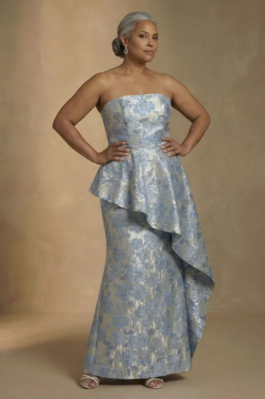 Strapless Light Blue Jacquard Sheath Long Plus Size Mother Of The Bride Dress with Ruffles sold by Zapaka