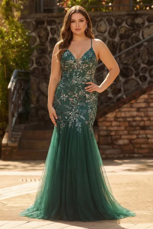 Sparkly Dark Green Mermaid Plus Size Long Prom Dress with Sequins made by Zapaka