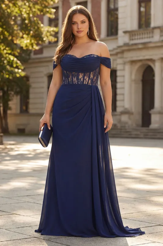 Navy Off The Shoulder Sheer Corset A-Line Long Plus Size Prom Dress with Lace Up Back made by Zapaka