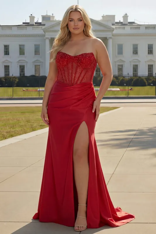 Red Strapless Mermaid Sheer Corset Beaded Plus Size Satin Long Prom Dress with Slit sold by Zapaka