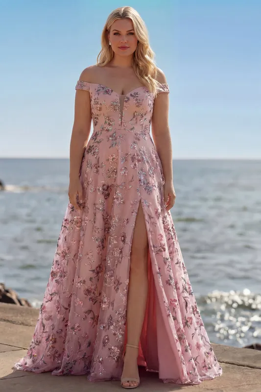 Off The Shoulder Blush Floral A Line Plus Size Long Prom Dress with Slit made by Zapaka