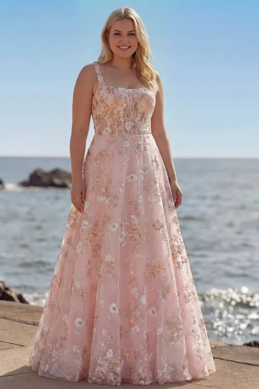 Pink Corset Sequin A Line Floral Long Plus Size Prom Dress with Embroidery made by Zapaka