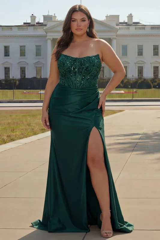 Dark Green Strapless Corset Sequins Mermaid Plus Size Long Prom Dress with Slit made by Zapaka