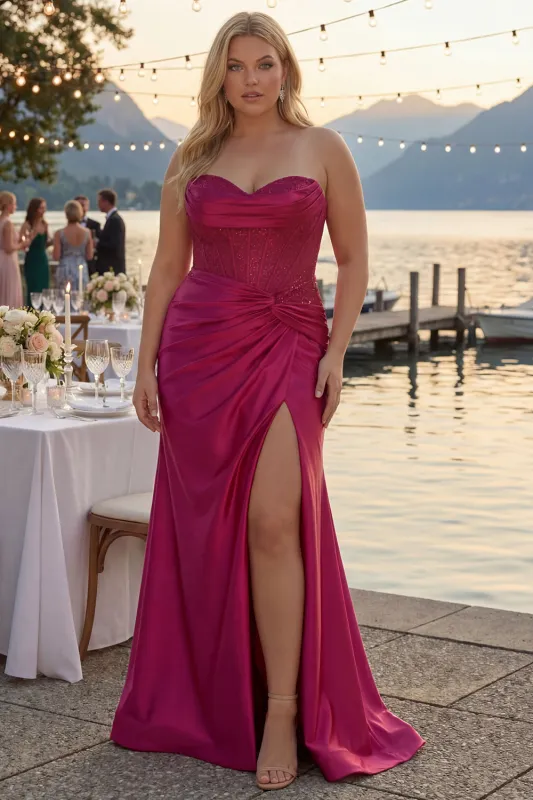 Sweetheart Burgundy Mermaid Beaded Corset Plus Size Long Prom Dress with Slit sold by Zapaka
