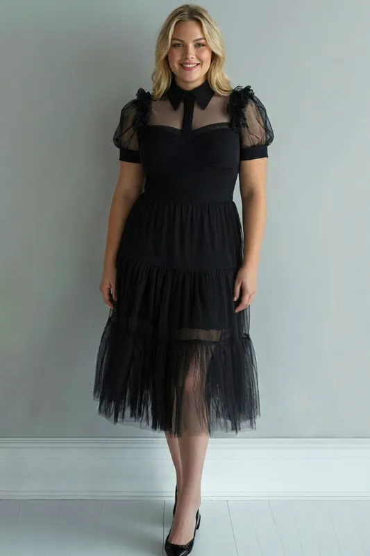 Black A Line Short Sleeves Tulle Plus Size Semi Formal Dress made by Zapaka