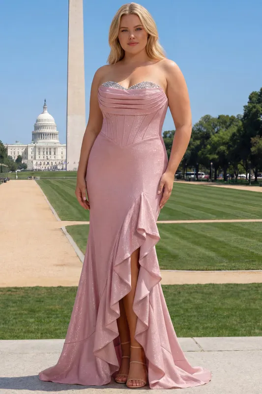 Pink Strapless Corset Mermaid Plus Size Long Prom Dress with Ruffle Slit made by Zapaka