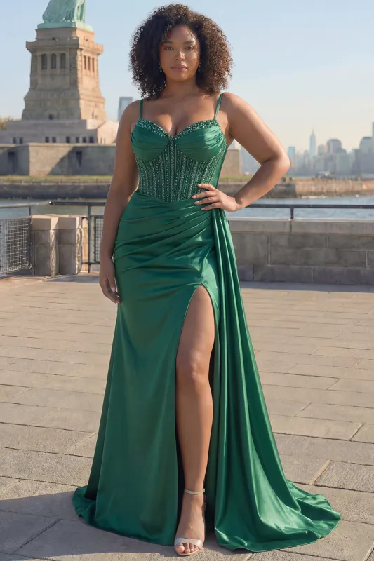 Dark Green Beaded Mermaid Corset Satin Plus Size Long Prom Dress with Slit made by Zapaka