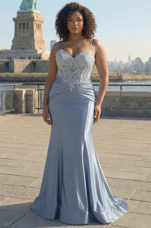 Grey Blue Mermaid Corset Spaghetti Straps Plus Size Prom Dress with Lace Appliques made by Zapaka