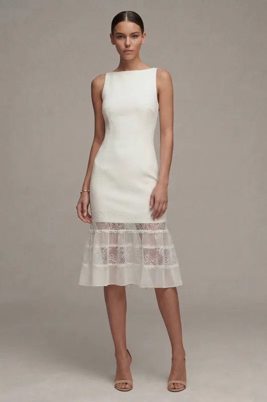 Bateau Neck Lace White Midi Engagement Dress made by Zapaka