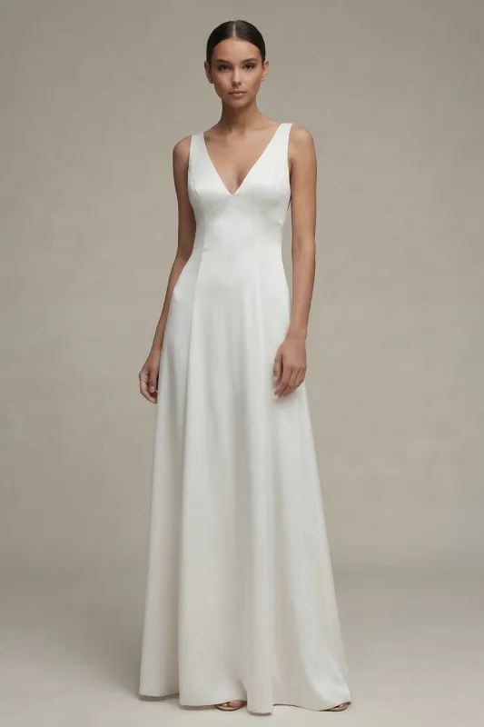 White V-Neck A Line Satin Long Engagement Dress made by Zapaka