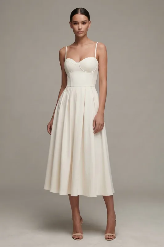 White Spaghetti Straps A Line Midi Engagement Dress made by Zapaka