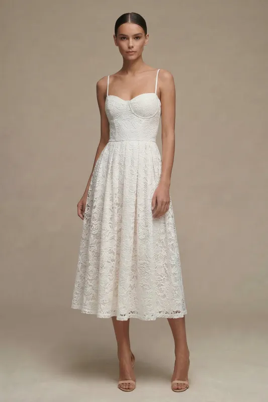 Lace White Spaghetti Straps A Line Midi Engagement Dress made by Zapaka