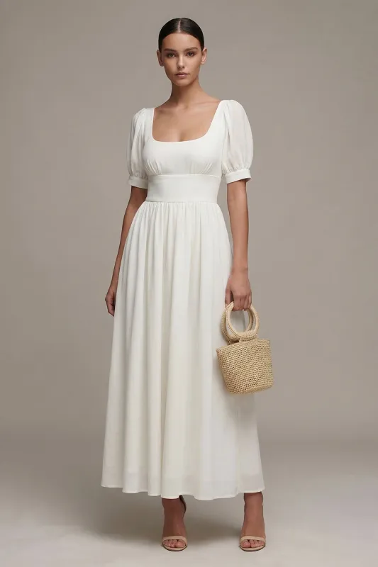 White A Line Chiffon Puff Sleeves Long Engagement Dress made by Zapaka