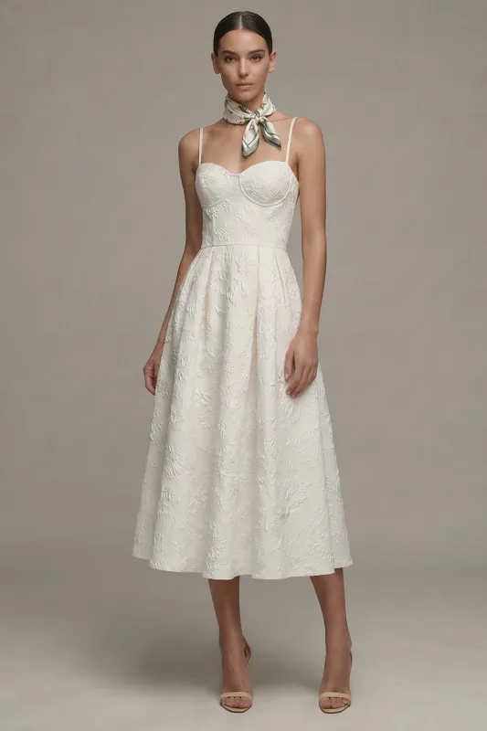 Ivory Spaghetti Straps A Line Jacquard Midi Engagement Dress made by Zapaka