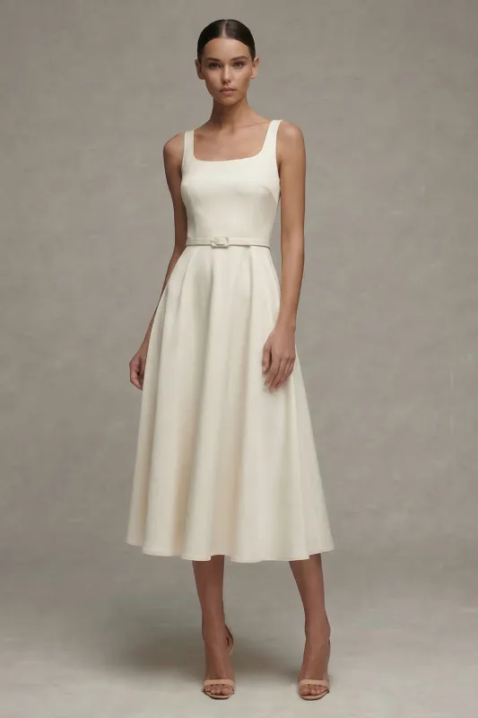 Ivory Square Neck A Line Satin Midi Work Dress with Belt made by Zapaka