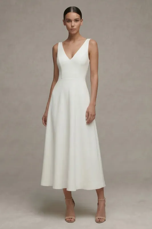 Satin White V-Neck Sleeveless A Line Engagement Dress made by Zapaka