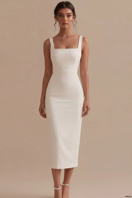 White Square Neck Satin Sheath Midi Engagement Dress made by Zapaka