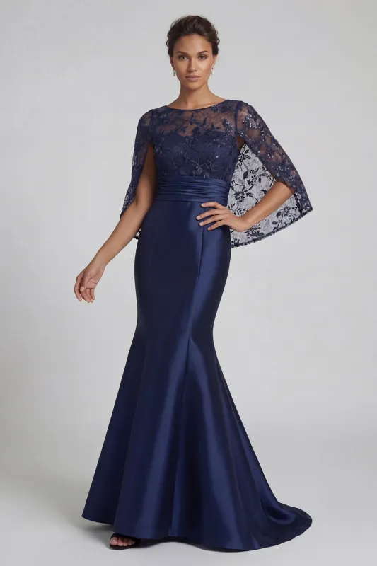 Sparkly Navy Mermaid Satin Floral Long Mother of the Bride Dress with Cape made by Zapaka