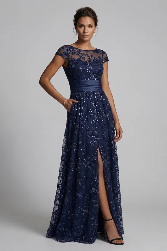 Sparkly Navy Sequin A Line Floral Long Mother of the Bride Dress with Pocket sold by Zapaka