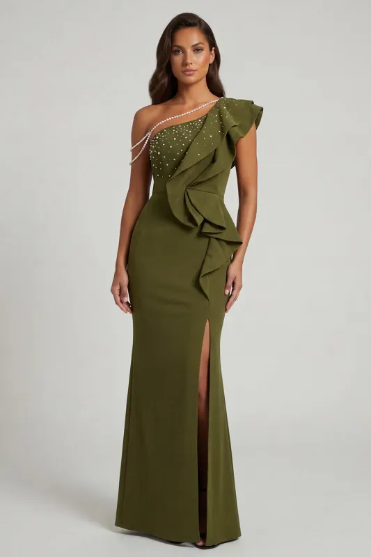 Olive Mermaid One Shoulder Ruffled Long Mother of the Bride Dress with Slit made by Zapaka