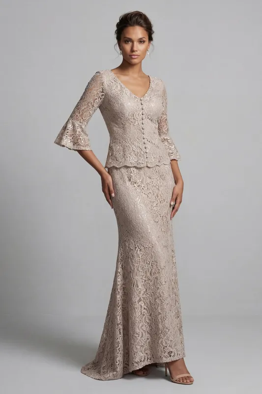 Champagne Mermaid 2 Piece Lace Floral Long Mother of the Bride Dress made by Zapaka