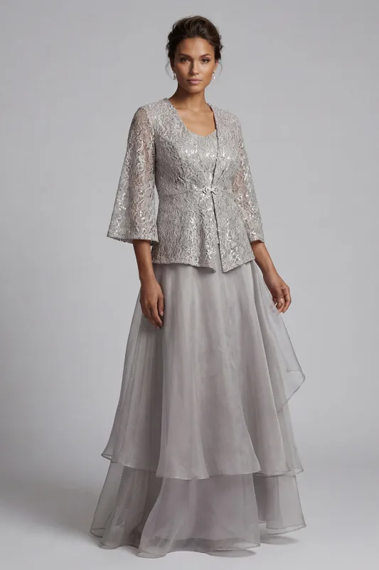 Light Grey Ruffled Lace 2 Piece Long Mother of the Bride Dress made by Zapaka