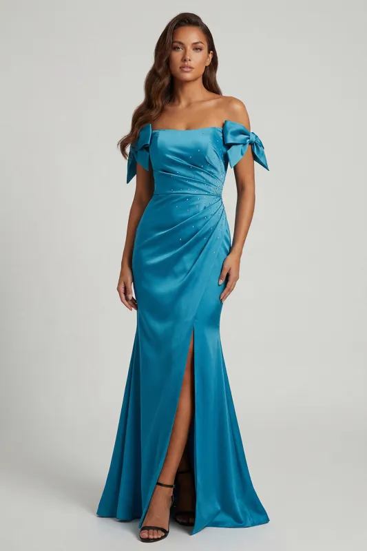 Off the Shoulder Peacock Blue Mermaid Beaded Long Mother of the Bride Dress with Bow made by Zapaka