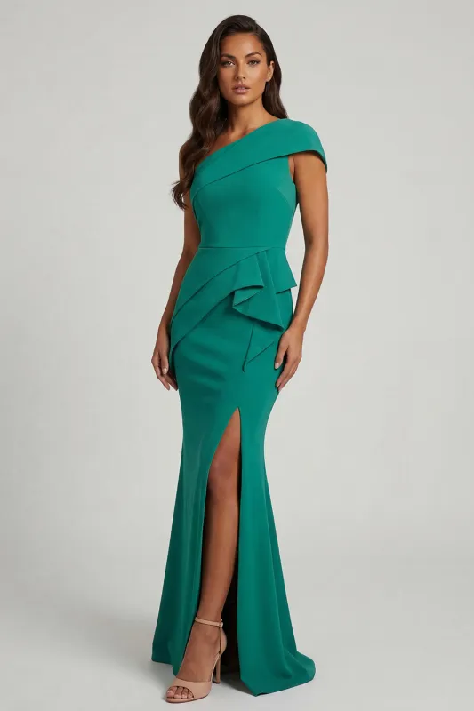 Dark Green One Shoulder Mermaid Ruffled Long Mother of the Bride Dress with Slit made by Zapaka