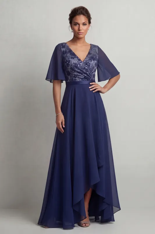 Navy A Line V Neck Floral Long Mother of the Bride Dress with Sleeves made by Zapaka