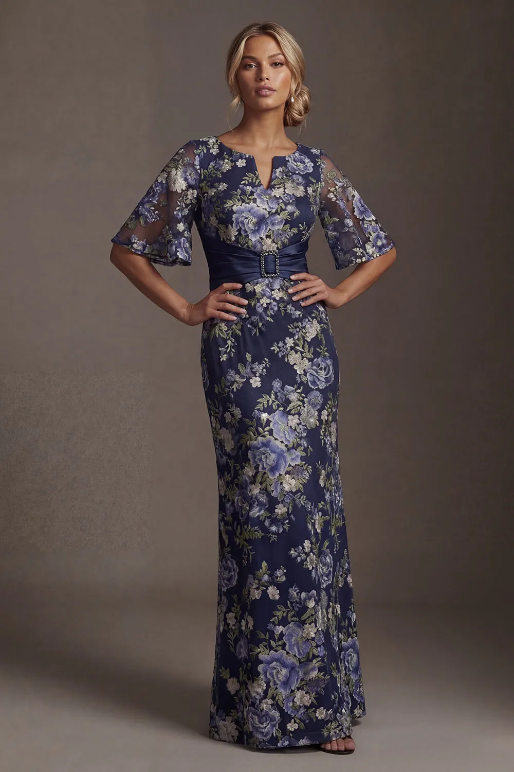 Navy Floral Sheath Long Mother of the Bride Dress with Sleeves sold by Zapaka product image thumbnail 3