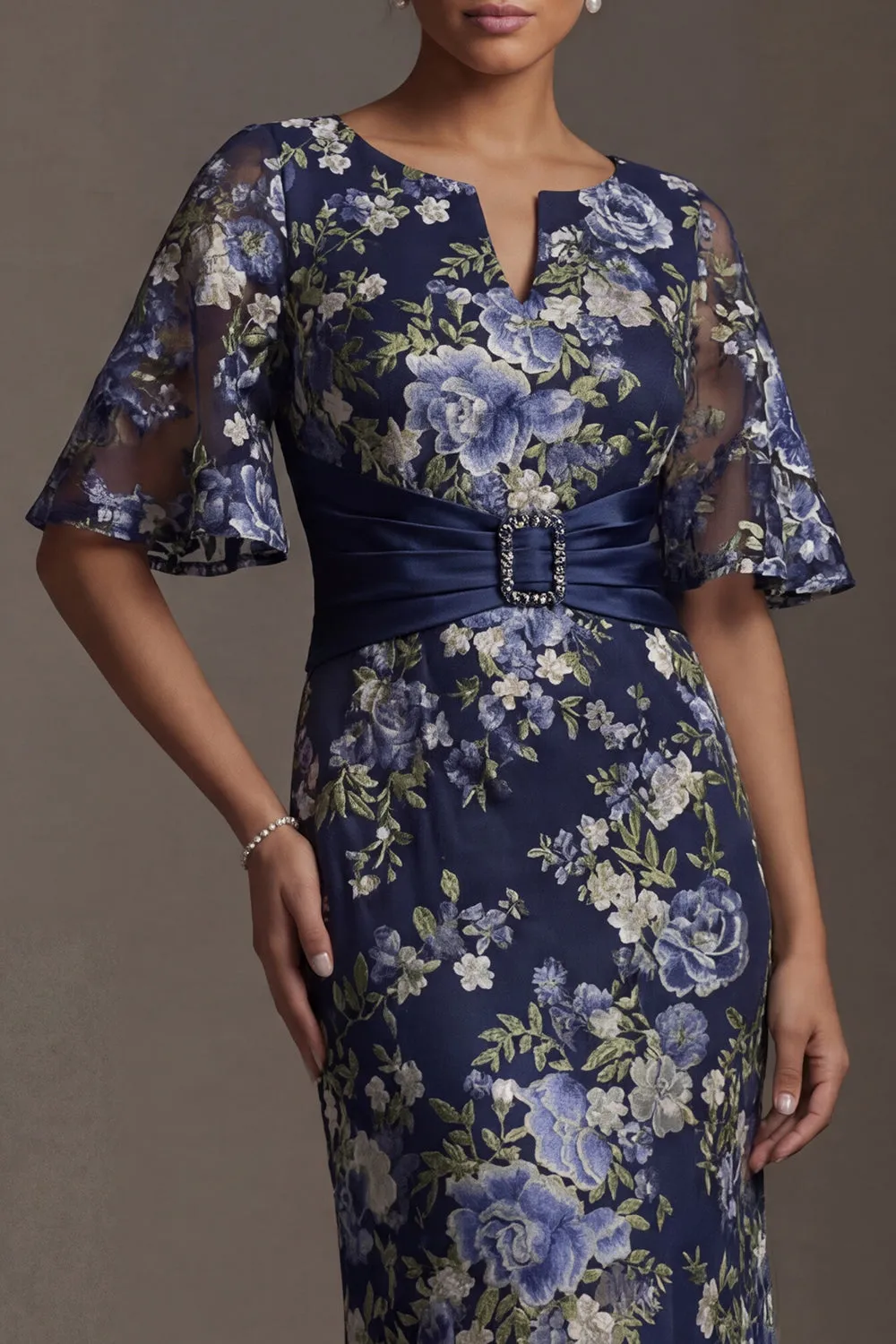 Navy Floral Sheath Long Mother of the Bride Dress with Sleeves sold by Zapaka product image thumbnail 4