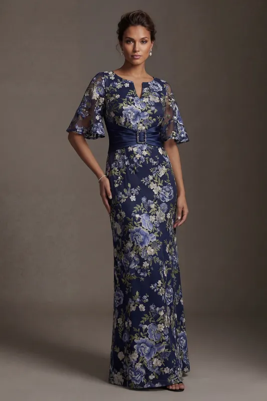 Navy Floral Sheath Long Mother of the Bride Dress with Sleeves made by Zapaka