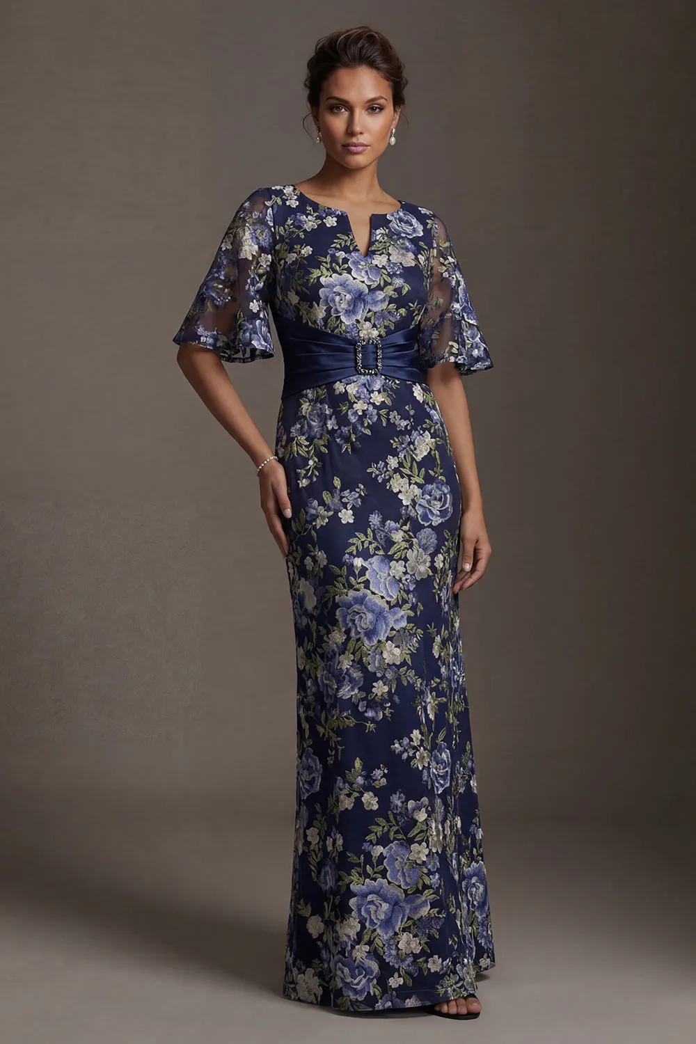 Navy Floral Sheath Long Mother of the Bride Dress with Sleeves sold by Zapaka