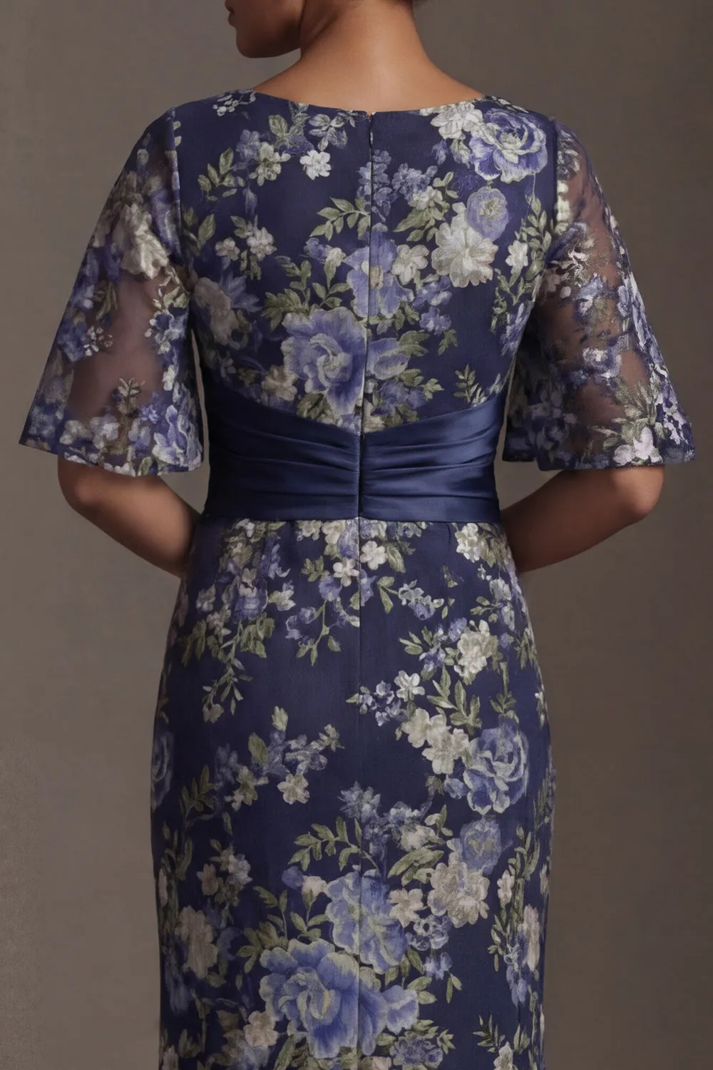 Navy Floral Sheath Long Mother of the Bride Dress with Sleeves sold by Zapaka product image thumbnail 5
